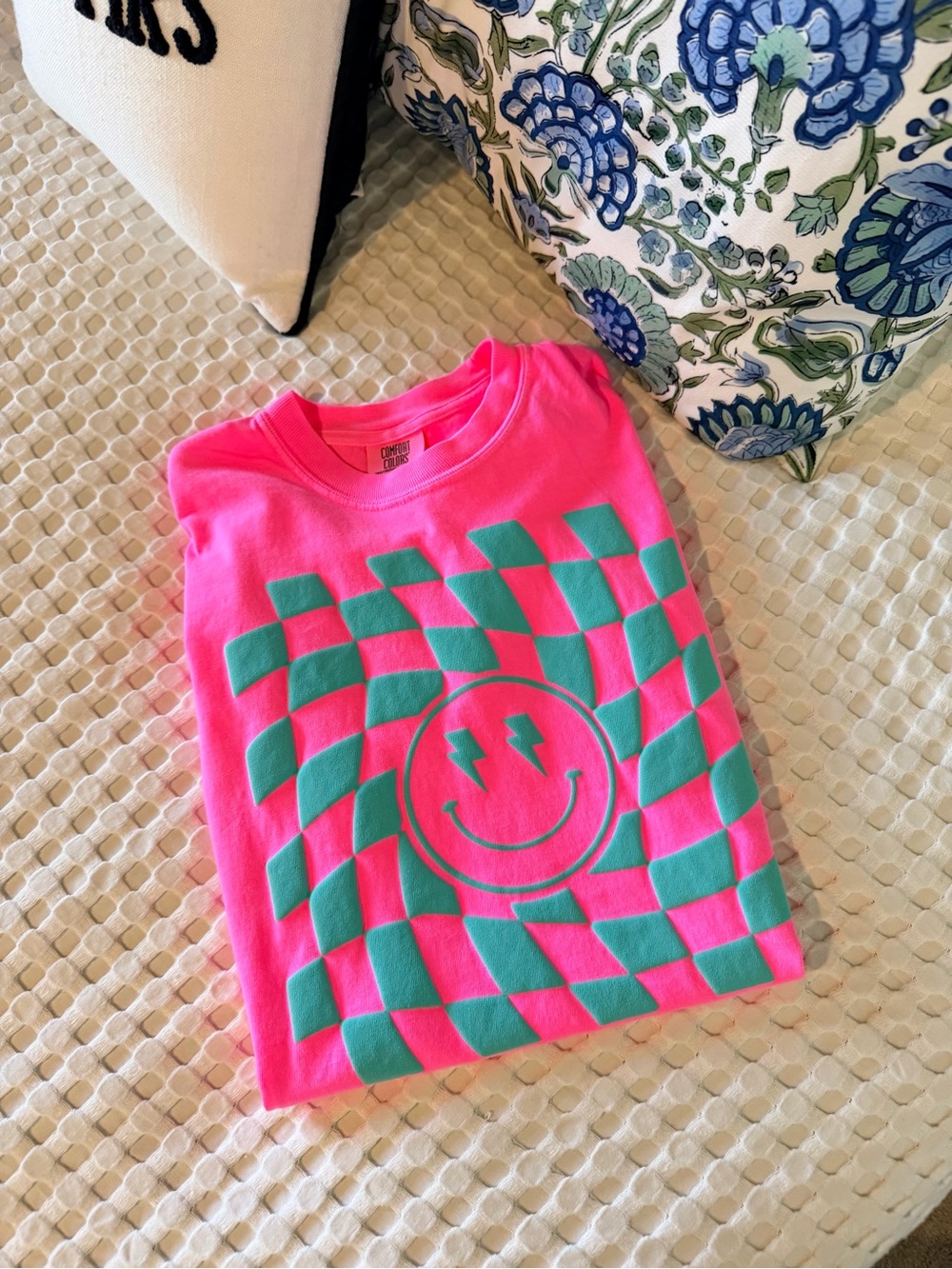 Comfort Colors Neon Pink Tee with Teal Checker Smile